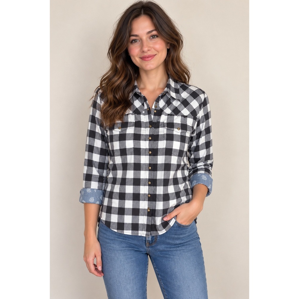 Jachs Girlfriend Flannel Shirt Women S Black White Buffalo Plaid Autumn Winter